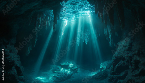 A deep, mysterious underwater cave with beams of light breaking through the water’s surface, creating an eerie and magical underwater world