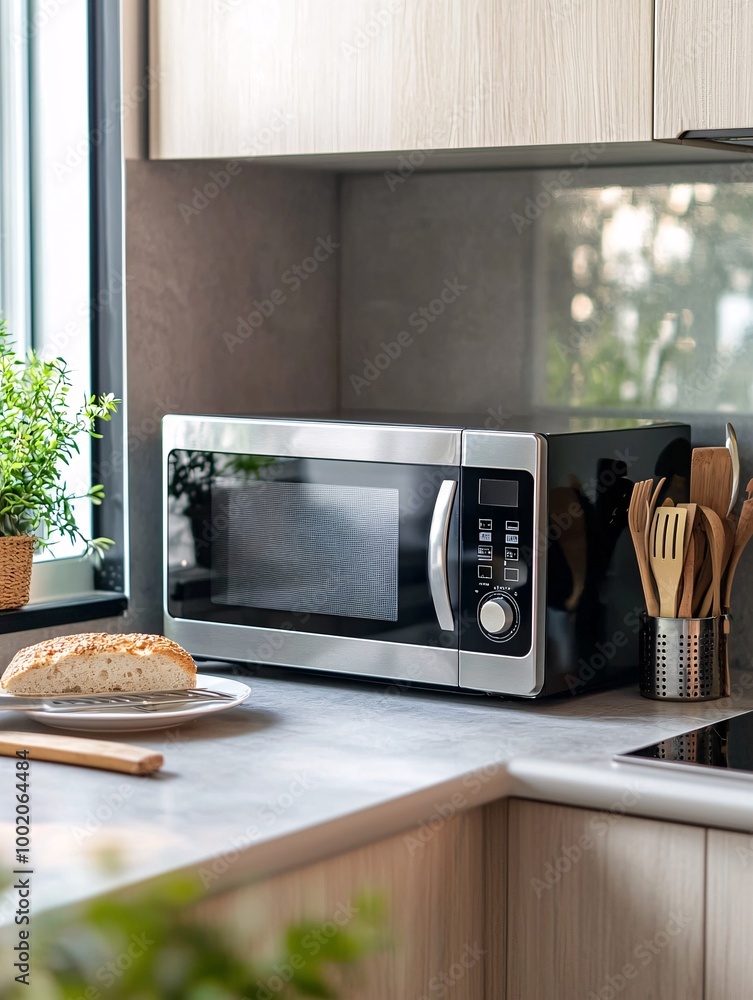 A contemporary kitchen countertop features a stylish cooking appliance flanked by utensils, highlighting efficiency and modern design. A contemporary kitchen countertop features a stylish cooking appliance flanked by utensils, highlighting efficiency and modern design.