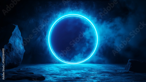 A glowing blue portal surrounded by mist, set against a dark, rocky landscape.