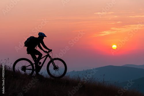 Man on mountain bike against sundown sky silhouette