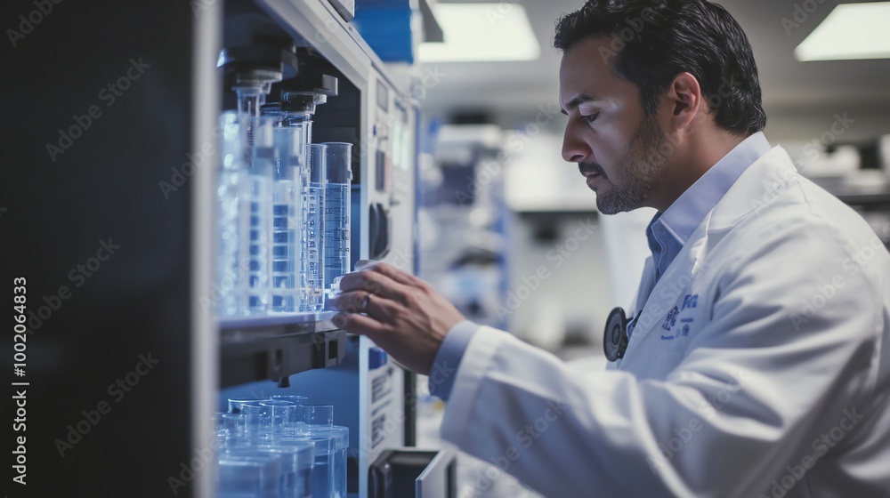 A side view of a doctor analyzing the components of an urban water filter, ensuring it is functioning correctly in the lab.
