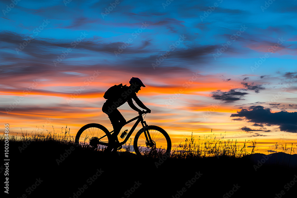 Fototapeta premium Man on mountain bike against sundown sky silhouette