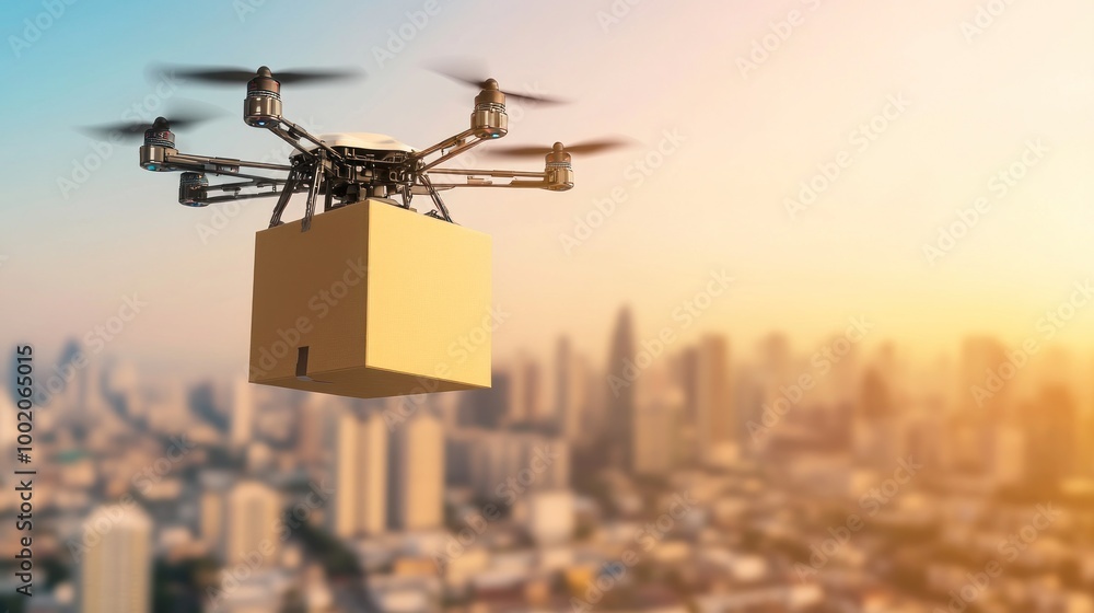 A drone carrying a cardboard box flies over a city skyline, symbolizing the future of delivery and logistics. A drone carrying a cardboard box flies over a city skyline, symbolizing the future of delivery and logistics.