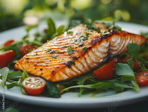 Grilled salmon fillet served on a bed of fresh greens and cherry tomatoes. photo