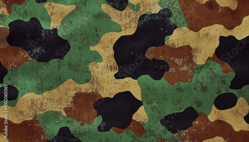 A textured camouflage pattern featuring green, brown, and black colors, commonly used in military and outdoor gear. photo