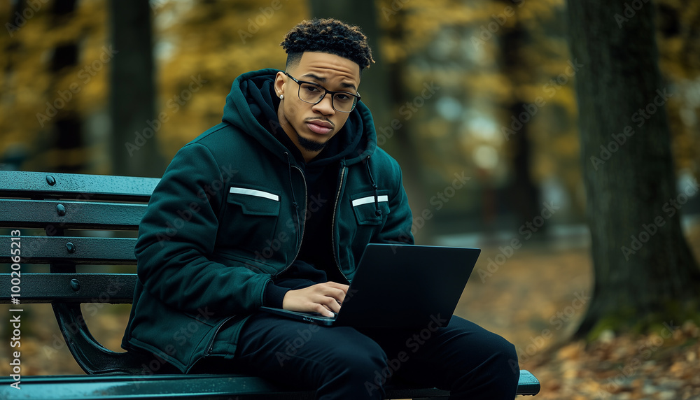 Obraz premium Young Black Man Working with a Laptop Outdoors in a Park