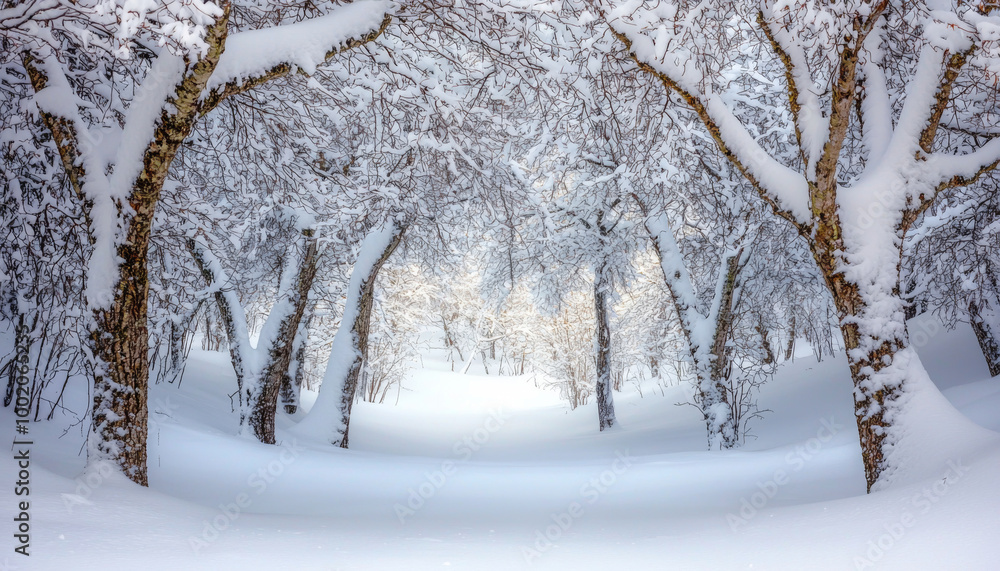 A serene winter landscape with trees covered in snow, creating a peaceful and tranquil atmosphere. A serene winter landscape with trees covered in snow, creating a peaceful and tranquil atmosphere.