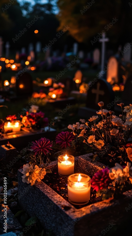 Candlelight glows on graves, surrounded by flowers, for a serene All Souls' Day Candlelight glows on graves, surrounded by flowers, for a serene All Souls' Day