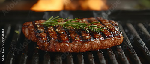 Grilled steak garnished with rosemary on a barbecue grill, showcasing a delicious sear and smoky flavor. photo