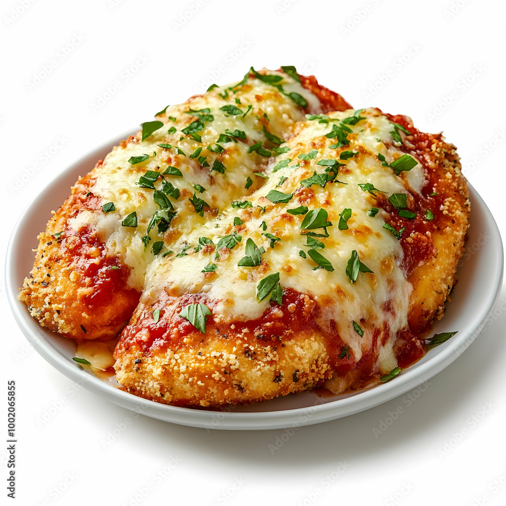 Delicious chicken parmesan topped with melted cheese and fresh herbs on a white plate. Delicious chicken parmesan topped with melted cheese and fresh herbs on a white plate.
