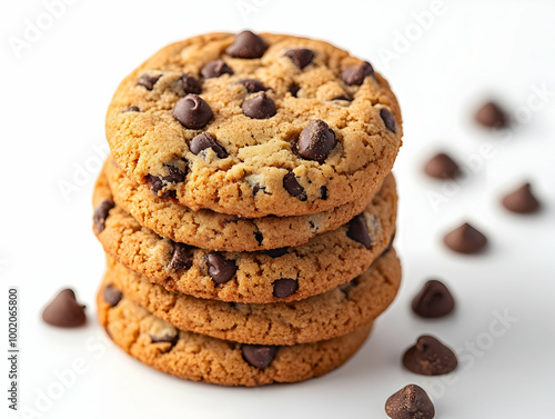 Delicious stack of chocolate chip cookies on a white background, ideal for dessert lovers and baking enthusiasts.