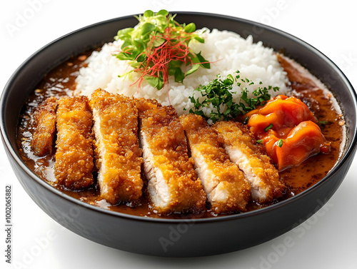 Delicious crispy katsu curry with rice and fresh garnishes, served in a stylish black bowl.