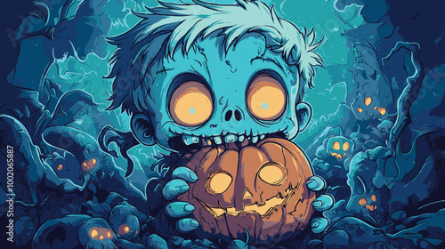 vector illustration off a Cute zombie character holding a smiling pumpkin, playful and cartoonish illustration