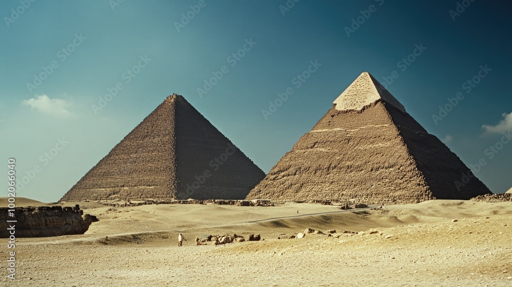 The Pyramids of Giza standing tall in the desert, with no people or camels nearby. The Pyramids of Giza standing tall in the desert, with no people or camels nearby.