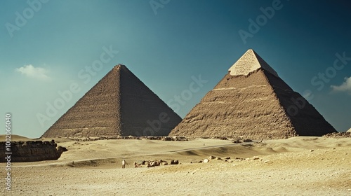 The Pyramids of Giza standing tall in the desert, with no people or camels nearby.