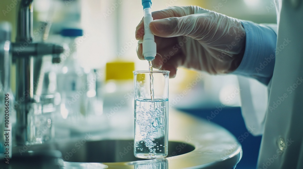 A side view of a doctor testing the pH of water from a school water supply, ensuring it meets health and safety regulations. A side view of a doctor testing the pH of water from a school water supply, ensuring it meets health and safety regulations.