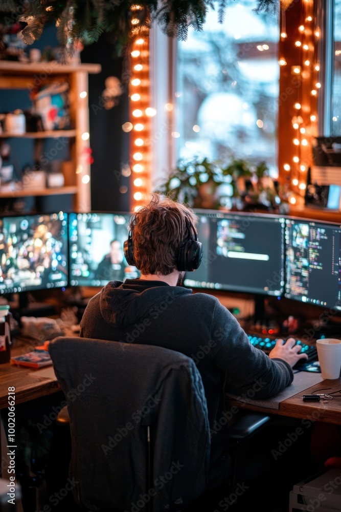 Friends setting up a gaming night with multiple screens. They are excited and ready to play Friends setting up a gaming night with multiple screens. They are excited and ready to play