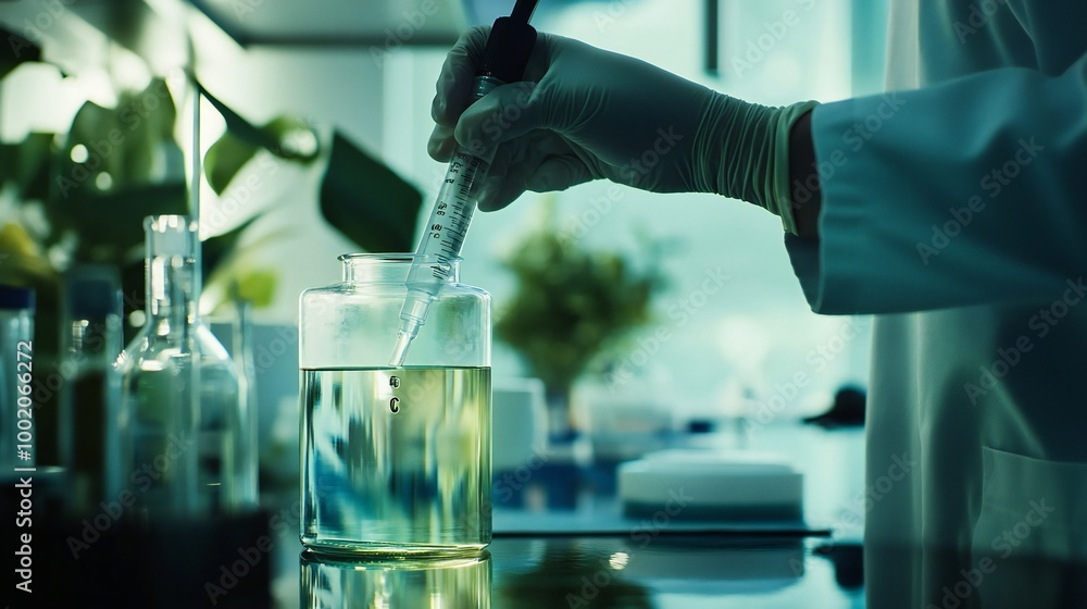A side view of a doctor testing the pH of water from natural sources, such as rivers and lakes, in an environmental science lab. A side view of a doctor testing the pH of water from natural sources, such as rivers and lakes, in an environmental science lab.
