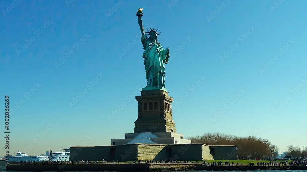 Fototapeta premium The Statue of Liberty with a clear blue sky behind it, with no boats or people in the vicinity.