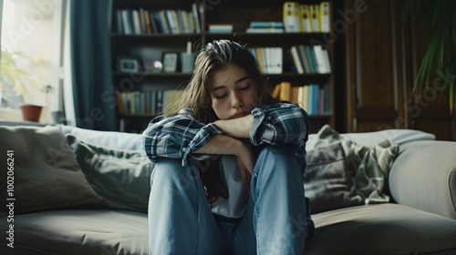 A weary, distraught adolescent girl sits dejectedly on a sofa at home, feeling isolated and overwhelmed by emotional distress. photo