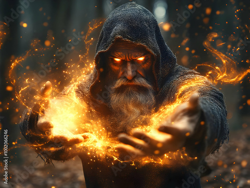 An enigmatic figure conjuring flames in a mystical forest setting.