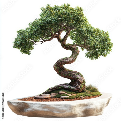 A twisted bonsai tree with vibrant green foliage and a moss-covered base, displayed on a stone platform with pebbles and rocks.