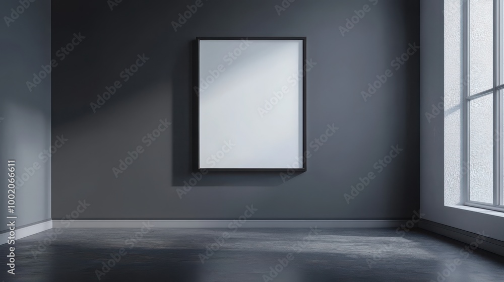 Mock up frame in a sleek modern empty room with charcoal grey walls, no furniture or decor, 3D render Mock up frame in a sleek modern empty room with charcoal grey walls, no furniture or decor, 3D render