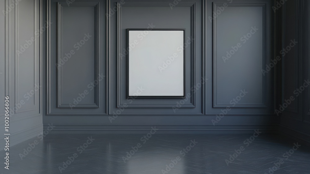 Mock up frame in a sleek modern empty room with charcoal grey walls, no furniture or decor, 3D render Mock up frame in a sleek modern empty room with charcoal grey walls, no furniture or decor, 3D render