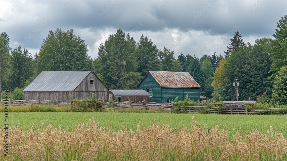A serene rural landscape featuring rustic barns surrounded by lush greenery. A serene rural landscape featuring rustic barns surrounded by lush greenery.