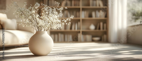 Elegant vase with delicate flowers, softly illuminated in a cozy living room setting. photo