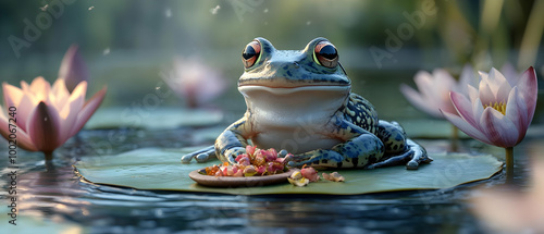 A serene frog resting on a lily pad amidst beautiful pink water lilies, creating a peaceful aquatic scene. photo