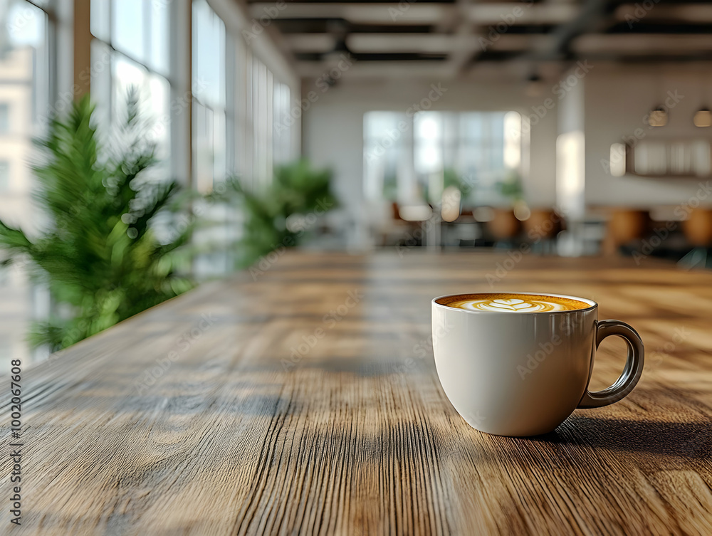 A cozy coffee cup rests on a wooden table in a bright, modern cafe with large windows and lush greenery. A cozy coffee cup rests on a wooden table in a bright, modern cafe with large windows and lush greenery.