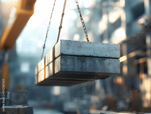 Heavy concrete slab being lifted by a crane in an industrial setting.