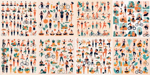 Collage of people with healthy lifestyle vector illustration. Collection of cartoon drawings of men and women buying healthy food, cycling and doing yoga. Fitness, health, weight loss, diet concept