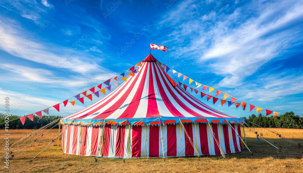 A vibrant striped circus tent stands in an open field under a clear blue sky, adorned with colorful flags. A vibrant striped circus tent stands in an open field under a clear blue sky, adorned with colorful flags.