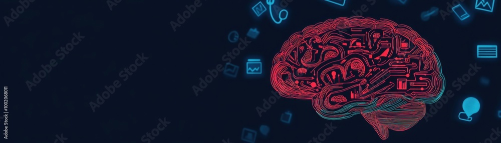 Fototapeta premium Digital Brain Visual with Swirling Lines and Icons