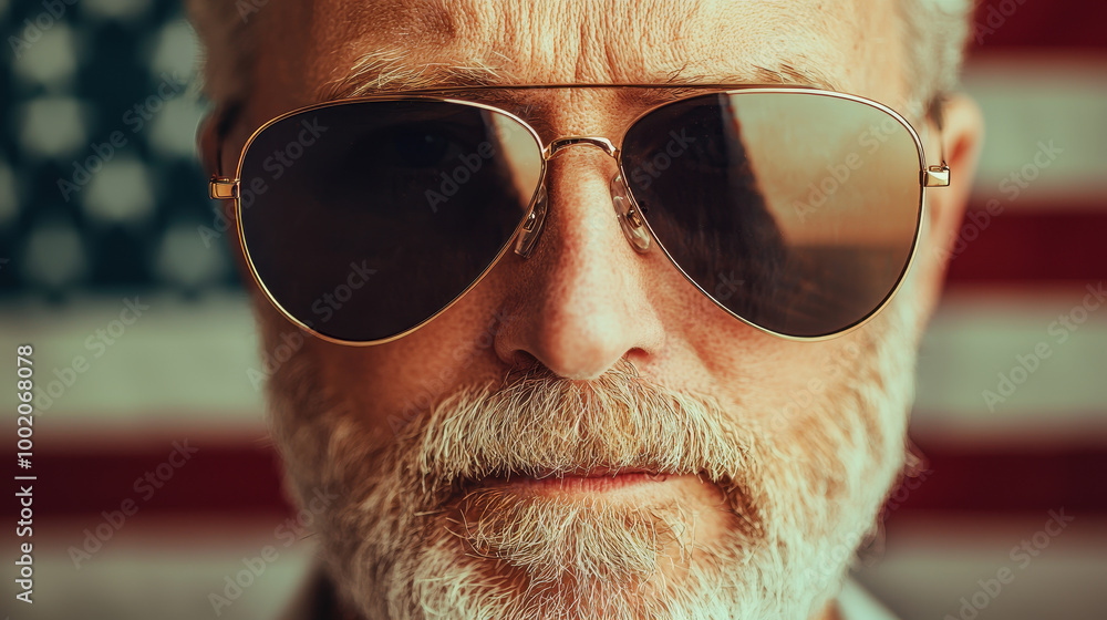 close up of serious man wearing sunglasses, with American flag in background, reflecting sense of pride and patriotism. image captures essence of veterans spirit close up of serious man wearing sunglasses, with American flag in background, reflecting sense of pride and patriotism. image captures essence of veterans spirit