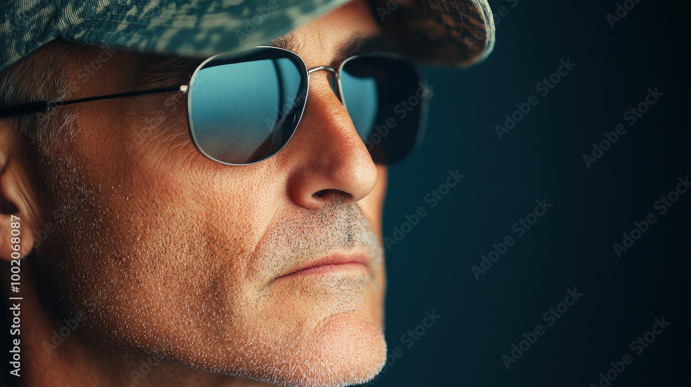 close up of man wearing sunglasses and camouflage cap, showcasing thoughtful expression. reflection in sunglasses adds depth to image, evoking sense of contemplation and strength close up of man wearing sunglasses and camouflage cap, showcasing thoughtful expression. reflection in sunglasses adds depth to image, evoking sense of contemplation and strength