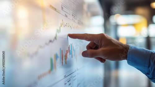 Consultants hand pointing at timeline on whiteboard, illustrating data trends and analysis. image conveys sense of professionalism and focus