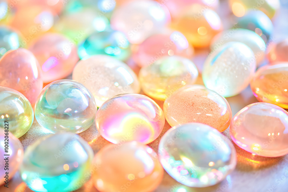 Multi-colored, transparent pebbles that reflect light beautifully and sparkle, placed on the stone floor Multi-colored, transparent pebbles that reflect light beautifully and sparkle, placed on the stone floor