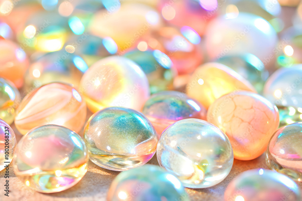 Multi-colored, transparent pebbles that reflect light beautifully and sparkle, placed on the stone floor Multi-colored, transparent pebbles that reflect light beautifully and sparkle, placed on the stone floor