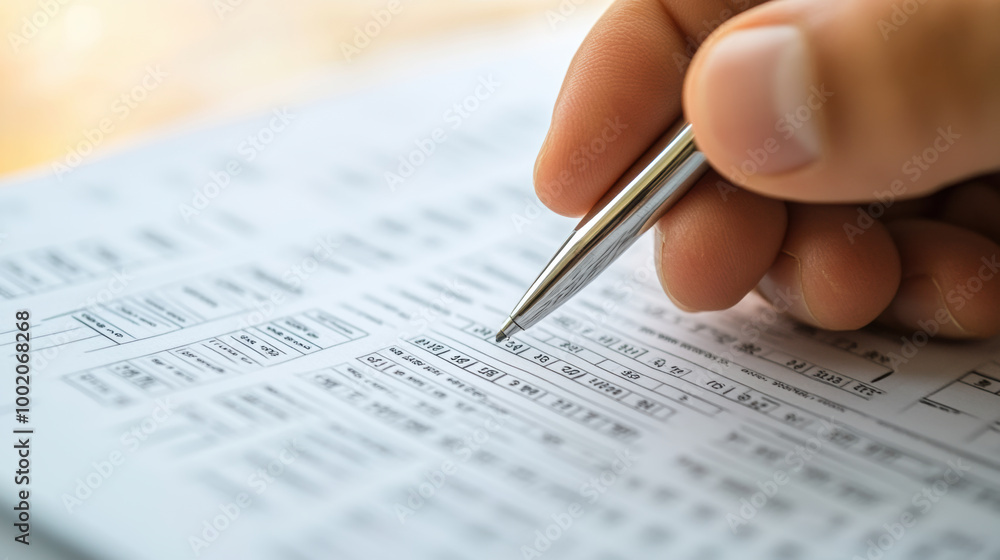 Obraz premium consultants hand is resting on printed financial document, highlighting important data with pen. This scene captures essence of financial analysis and decision making