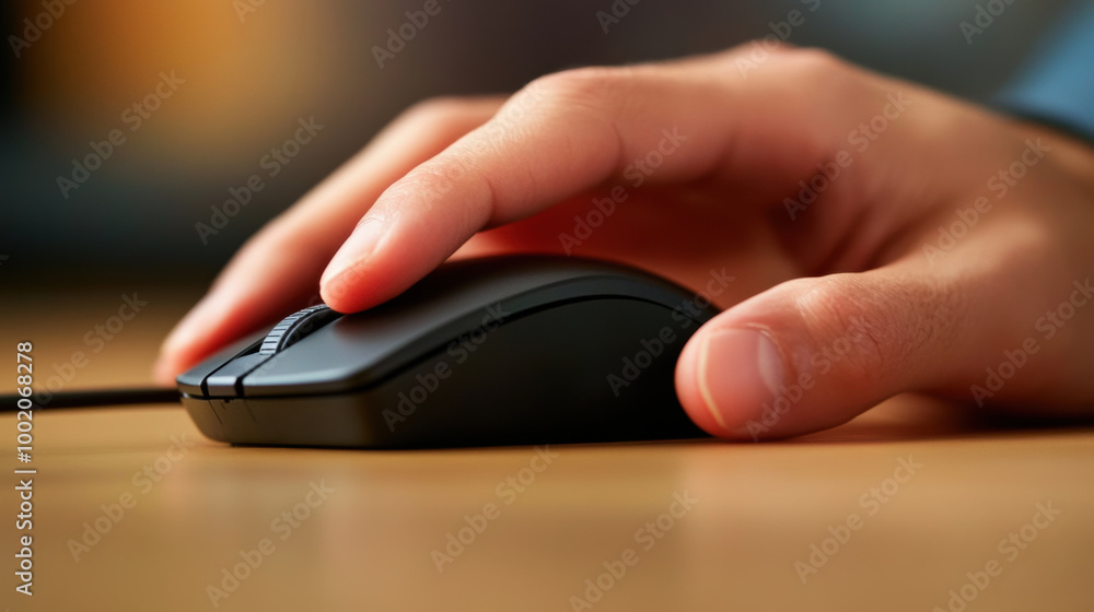 consultants hand rests on black computer mouse, navigating through tasks with focus and precision. image captures essence of productivity and concentration consultants hand rests on black computer mouse, navigating through tasks with focus and precision. image captures essence of productivity and concentration