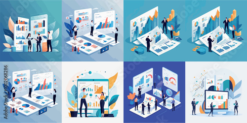 Analytic research and financial analysis from business people. Work of tiny man and woman with data reports flat vector illustration. Finance concept for banner, website design or landing web page