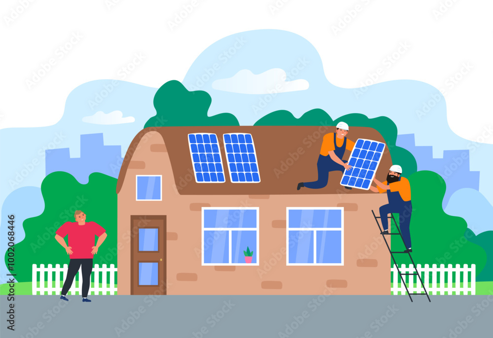 two workers installing solar panels on the roof of house renewable energy concept vector illustration two workers installing solar panels on the roof of house renewable energy concept vector illustration
