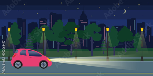 driving car headlights beam night city road vector illustration