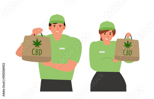 cbd products delivery service man and woman couriers holding paper bags vector illustration