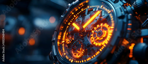 Wallpaper Mural Close-up of a futuristic watch with glowing orange gears and intricate details, showcasing advanced technology and design. Torontodigital.ca