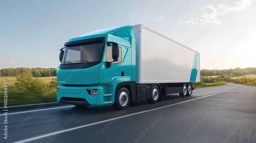 Modern electric semi-truck driving on a country road with a blue sky and green trees in the background. Modern electric semi-truck driving on a country road with a blue sky and green trees in the background.