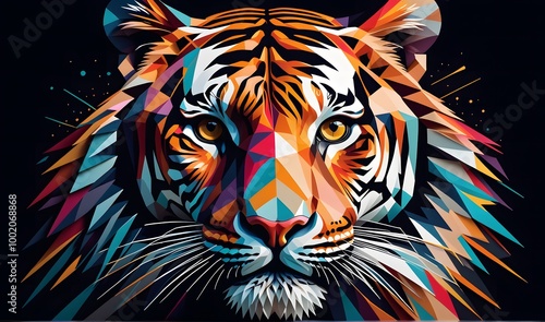 Colorful abstract painting of a tiger's head in bright colors